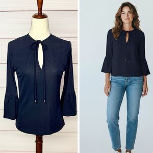 Carolina Herrera Navy Blue Tie Neck Blouse Top Keyhole Front Bell Sleeve S